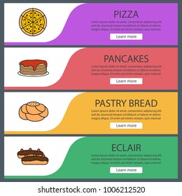 Bakery web banner templates set. Pizza, pancakes, pastry bread, eclair. Website color menu items. Vector headers design concepts