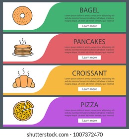 Bakery web banner templates set. Bagel, pancakes, croissant, sliced pizza. Website color menu items. Vector headers design concepts