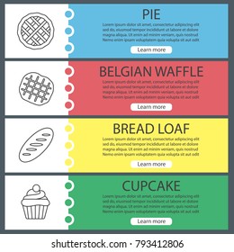 Bakery web banner templates set. Pie, belgian waffle, bread loaf, cupcake. Website color menu items with linear icons. Vector headers design concepts