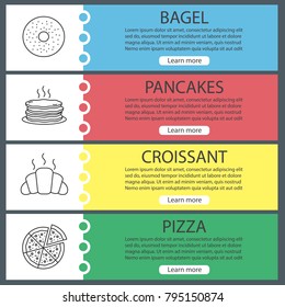 Bakery web banner templates set.  Bagel, pancakes, croissant, sliced pizza. Website color menu items with linear icons. Vector headers design concepts