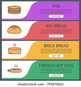 Bakery web banner templates set. Pita, rye bread, brick loaf, french hot dog. Website color menu items. Vector headers design concepts