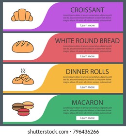 Bakery web banner templates set. Croissant, round bread, dinner rolls, macaron. Website color menu items. Vector headers design concepts