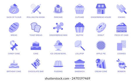 Bakery web icons set in duotone flat design. Pack pictograms with flour sack, whisk, rolling pin, cupcake, toast, bread, muffin, donut, cake, candy cane, ice cream, pie, other. Vector illustration.