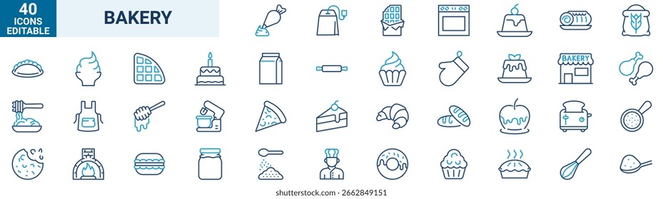 Conjunto de iconos de línea de Web de panadería. Comida, pan, dona. Colección de iconos de contorno. Simple Ilustración vectorial.