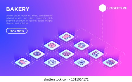 Bakery web page template with thin line isometric icons: loaf, flour, croissant, donut, pretzel, cookies, cupcake, burger, apple pie, waffle. Modern vector illustration.