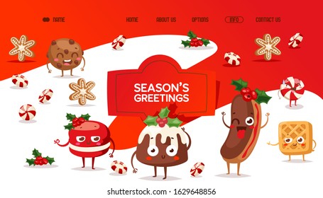 Bakery website Christmas campaign, traditional holiday sweets vector illustration. Bakehouse landing page template, season greetings. Funny cartoon character, pastry product mascot, Christmas offer