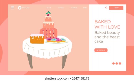 Bakery website design, homemade cakes and sweets, vector illustration. Pastry shop landing page template, freshly baked cake for birthday or wedding. Bakery products in simple flat cartoon style
