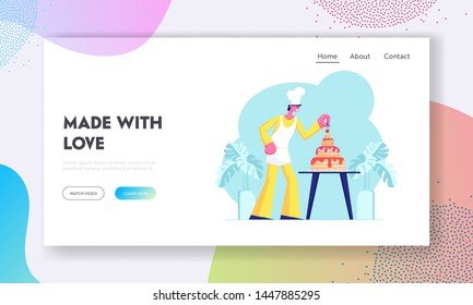 Bakery Website Landing Page, Chef Character in Uniform and Cap Cook Festive Cake Decorating with Cream and Berries. Dessert for Birthday or Wedding, Web Page. Cartoon Flat Vector Illustration, Banner