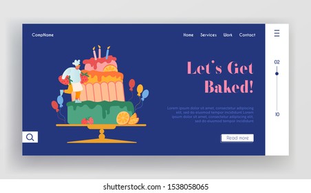 Bakery Website Landing Page, Chef Characters in Uniform and Hat Cook Festive Cake Decorating with Cream and Berries. Dessert for Birthday or Wedding, Website. Concept Flat Vector Illustration, Banner