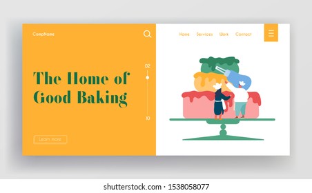 Bakery Website Landing Page, Chef Characters in Uniform and Hat Cook Festive Cake Decorating with Cream. Dessert for Birthday or Wedding, Website. Concept Flat Vector Illustration, Banner
