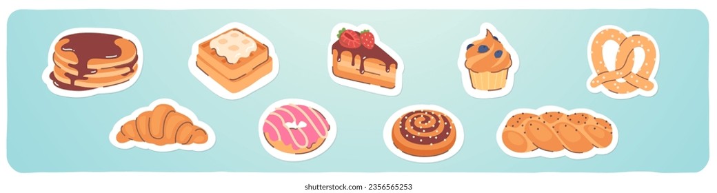 Panadería, pan de trigo y productos de pastelería. Cruasán delicioso, bizcocho, donut, pretzel, pastel, crepes, colección de emoticones de gofres. Delicioso menú de desayuno ilustrativo de vectores planos