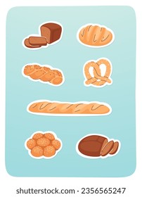 Pan de pan de trigo de panadería, set de baguette. Deliciosas rebanadas de pan de centeno, pretzel, colección de emoticones de comida. Desayuno delicioso tradicional, productos nutricionales de panadería, ilustración vectorial plana