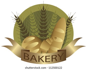 Bakery with Wheat Stalks French Bread Loaf and Croissant Pastry Label Illustration