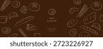 Bakery whimsical hand-drawn vector illustration set. Bread, loaf, baguette, bakery products, cinnabon, croissant. Abstract geometric line background. 
