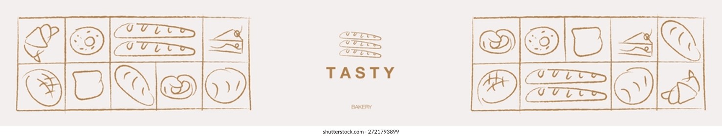 Padaria sorteado à mão sorteado conjunto de ilustração vetor. Pão, pão, baguete, produtos de padaria, cannabon, croissant. Fundo abstrato da linha geométrica. 