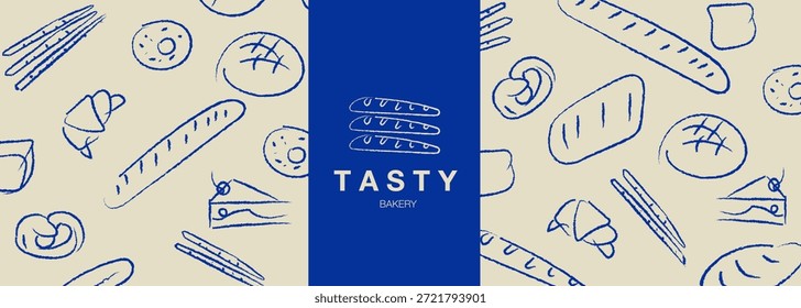 Padaria sorteado à mão sorteado conjunto de ilustração vetor. Pão, pão, baguete, produtos de padaria, cannabon, croissant. Fundo abstrato da linha geométrica. 