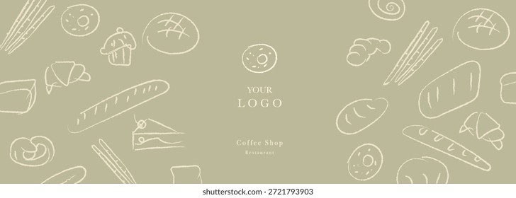 Padaria sorteado à mão sorteado conjunto de ilustração vetor. Pão, pão, baguete, produtos de padaria, cannabon, croissant. Fundo abstrato da linha geométrica. 