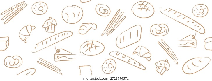 Padaria sorteado à mão sorteado conjunto de ilustração vetor. Pão, pão, baguete, produtos de padaria, cannabon, croissant. Fundo abstrato da linha geométrica. 