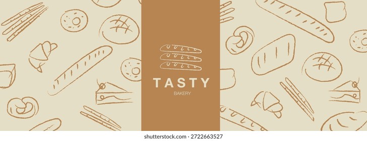 Padaria sorteado à mão sorteado conjunto de ilustração vetor. Pão, pão, baguete, produtos de padaria, cannabon, croissant. Fundo abstrato da linha geométrica. 