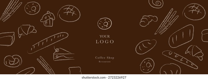 Padaria sorteado à mão sorteado conjunto de ilustração vetor. Pão, pão, baguete, produtos de padaria, cannabon, croissant. Fundo abstrato da linha geométrica. 