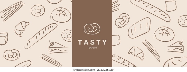 Padaria sorteado à mão sorteado conjunto de ilustração vetor. Pão, pão, baguete, produtos de padaria, cannabon, croissant. Fundo abstrato da linha geométrica. 