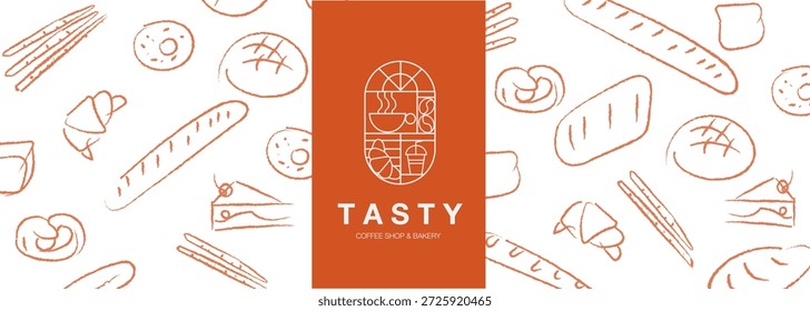 Bäckerei skurrile handgezeichnete Vektorgrafik-Set. Brot, Laib, Baguette, Backwaren, Zimt, Croissant. Abstrakter geometrischer Linienhintergrund. 