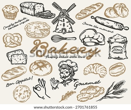 Bakery whimsical hand-drawn vector illustration  set