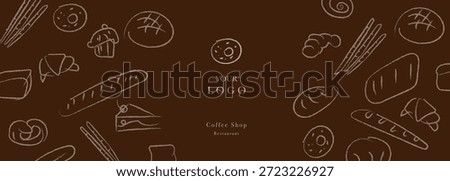 Bakery whimsical hand-drawn vector illustration set. Bread, loaf, baguette, bakery products, cinnabon, croissant. Abstract geometric line background. 