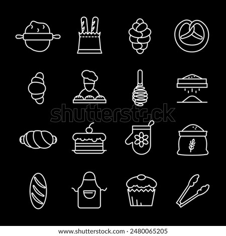 Bakery, white line icons. Baking and cooking symbols, bread and pastries. culinary and food service themes. Symbols on black background. Editable stroke.