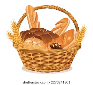 Bakery in wicker basket vector illustration. Basket with wheat and fresh bread isolated on white background