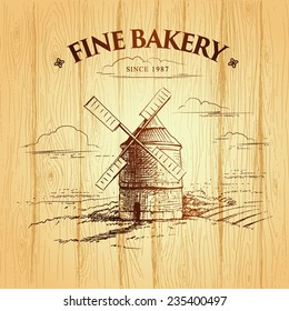 Bakery. windmill on a wooden background. labels, pack for bread, bakery.