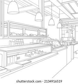 Bakery Window Display Interior Design Line Art