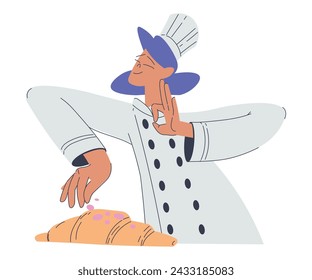 Bakery with Woman Baker Character in Uniform Prepare Croissant Vector Illustration