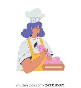 Bakery with Woman Baker Character in Uniform Decorate Cake with Cream and Pastry Bag Vector Illustration