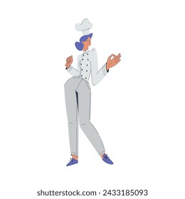 Bäckerei mit Frau Bäcker Charakter in Uniform Standing Show Hand Gesture Vektor Illustration