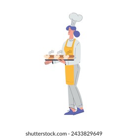 Bakery with Woman Baker Character in Uniform Stand with Tray and Hot Baked Bread Loaf Vector Illustration