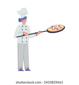 Bäckerei mit Frau Bäcker Charakter in Uniform Hold Schaufel mit Pizza Vektor Illustration