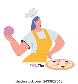 Bäckerei mit Frau Bäcker Charakter in Uniform Put Pizza Zutaten Vektor-Illustration