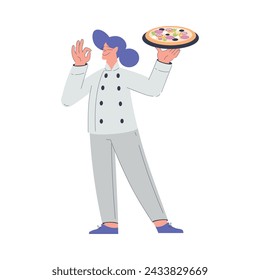 Bäckerei mit Frau Bäcker Charakter in Uniform Hold Tray mit Pizza Vektor Illustration