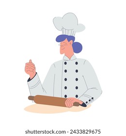 Bakery with Woman Baker Character in Uniform Rolling Dough Vector Illustration