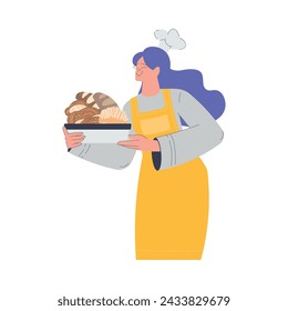 Bakery with Woman Baker Character in Uniform Stand with Tray and Hot Baked Bread Loaf Vector Illustration