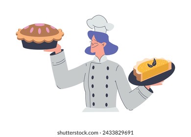 Bäckerei mit Frau Bäckerin Charakter in Uniform Halten Gebackene Kuchen Vektor-Illustration