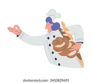 Bäckerei mit Frau Bäcker Charakter in Uniform Hold Fresh Baked Brot Vektor Illustration