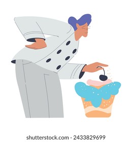 Bakery with Woman Baker Character in Uniform Decorate Cupcake Vector Illustration