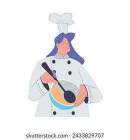 Bakery with Woman Baker Character in Uniform Hold Bowl and Spatula Vector Illustration