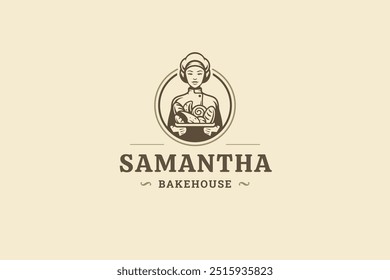 Bakery woman baker with fresh bread baking retro circle logo design template vector flat illustration. Bakehouse store shop cafe cafeteria eatery traditional pastry food menu logotype