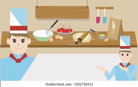 Bakery, wood baking table, baker man.
Bakery products and patisserie. 
Flour, cherry, eggs, whipping cream, baker uniform, wood banner