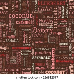 Bakery words, tags. Seamless pattern on the brown background