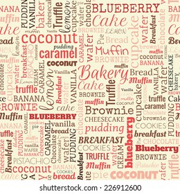 Bakery Words, Tags. Seamless Pattern On The Beige Background