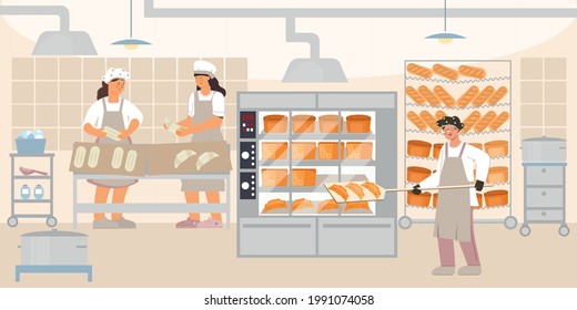 A bakery worker takes fresh baked goods from the oven while two chefs prepare new ones flat vector illustration